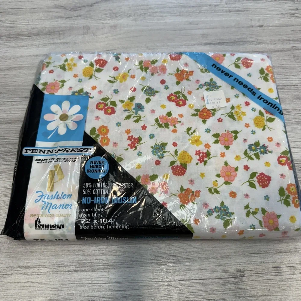 Vintage Penneys Fashion Manor Twin Bed Sheet Floral No-Iron Muslin 72x104‎ New